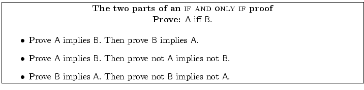 \fbox{ \begin{minipage}{6in}
\begin{center}
{\bf The two parts of an {\sc if a...
... A}. Then prove not {\sf B}\ implies not {\sf A}.
\end{itemize}\end{minipage} }